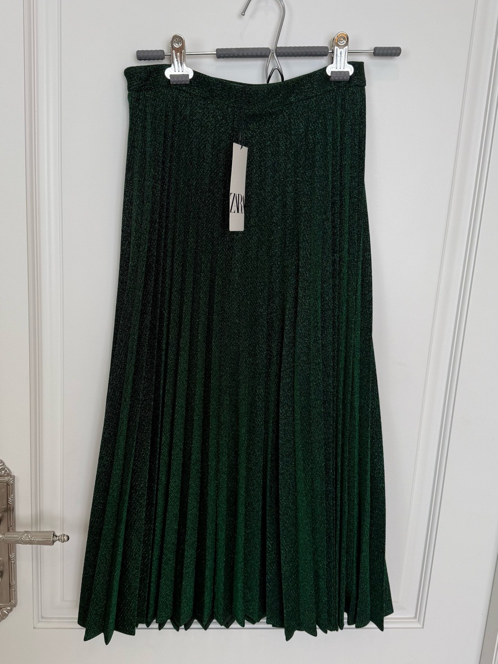 ZARA Dark Green Shimmer Pleated Midi Skirt